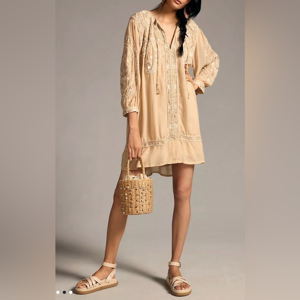 By Anthropologie Deco Tunic Dress Size XXS Embroidered Tassle Drawstring